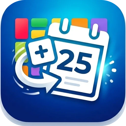 QuickCal+ app icon: a calendar page with a plus sign over colored blocks